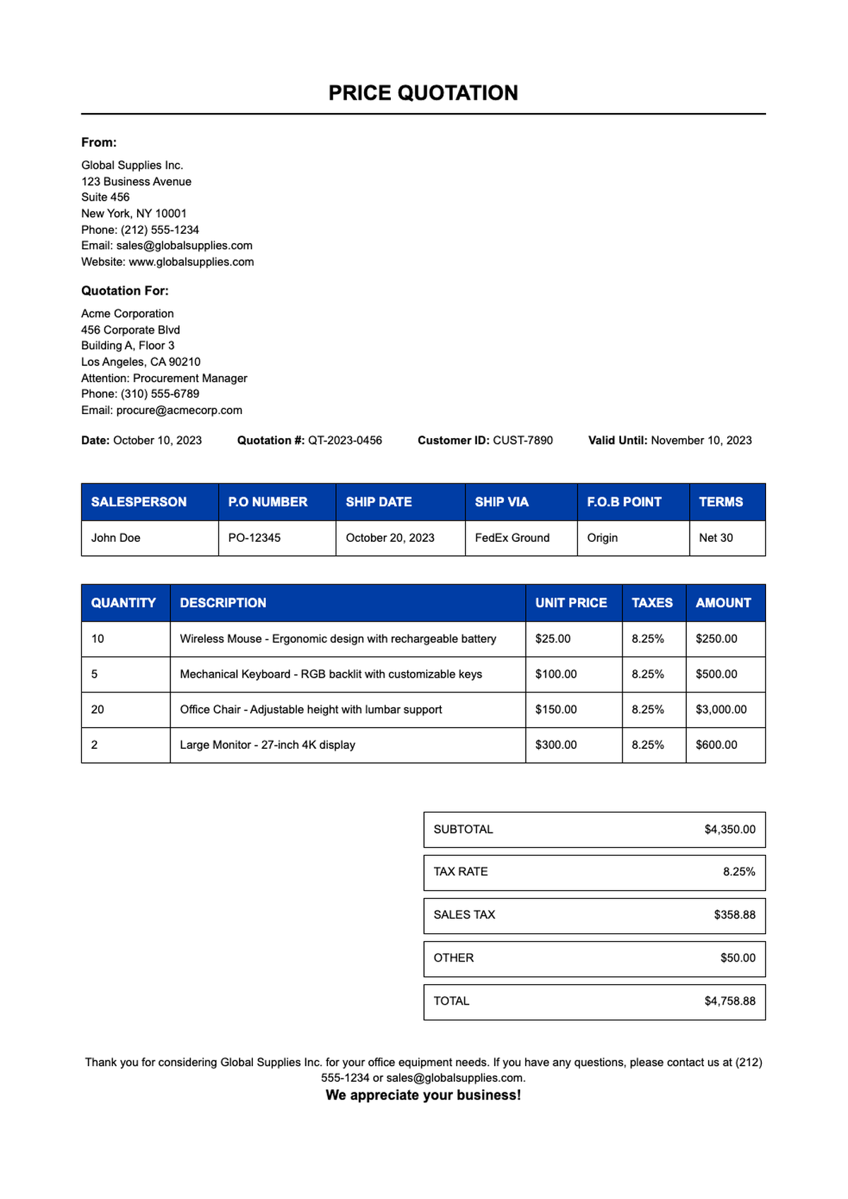 Professional price quotation template with blue header and itemized pricing sections_variant_3